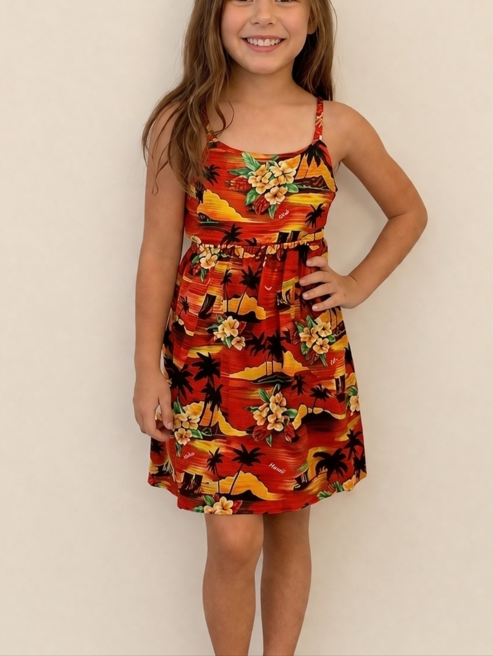 VTG HINALEA Made in Hawaii Girls Palm Tree Hibiscus Tie Back Tiki Dress